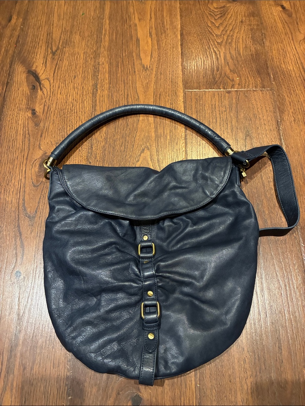 Sabina Navy Blue Leather Shoulder Bag with Gold Hardware